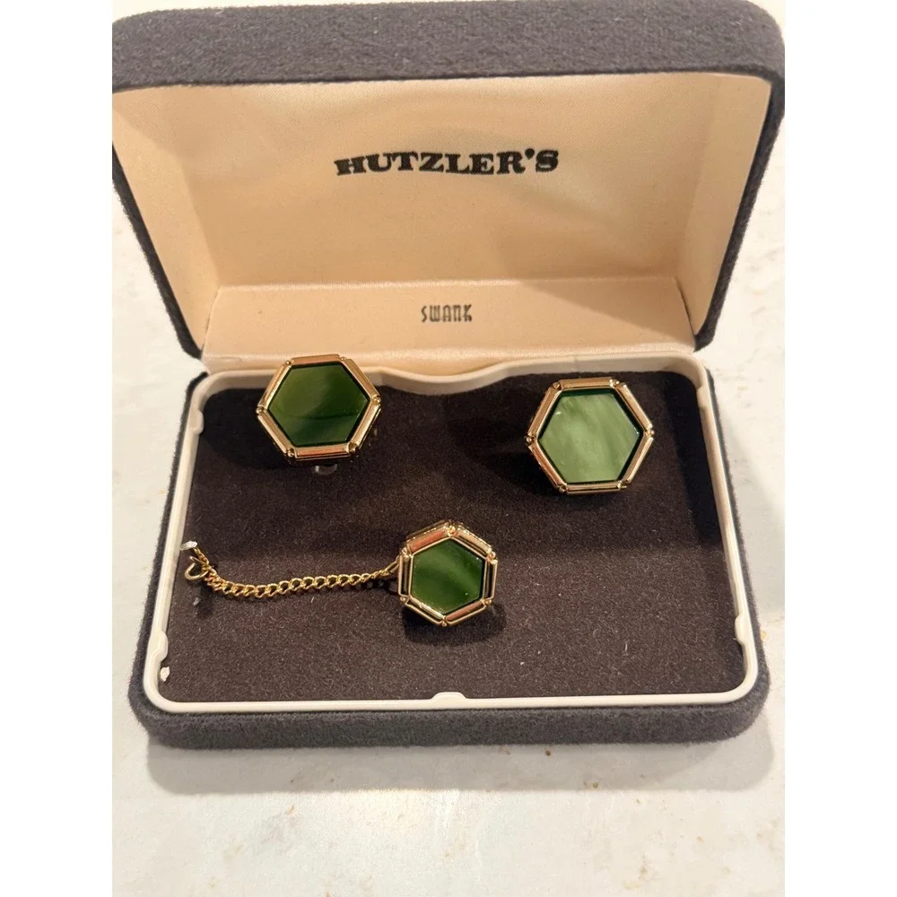 Vintage Swank Green Hexagon Cufflinks and Tie Tac Set Gold Tone with Box